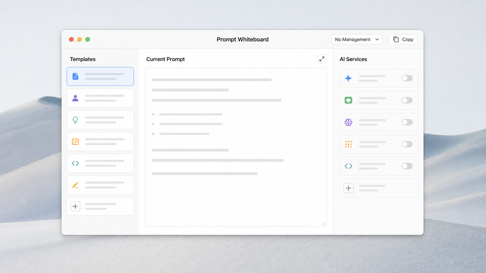 Prompt Whiteboard macOS app window with a prompt editor, templates, and AI service shortcuts